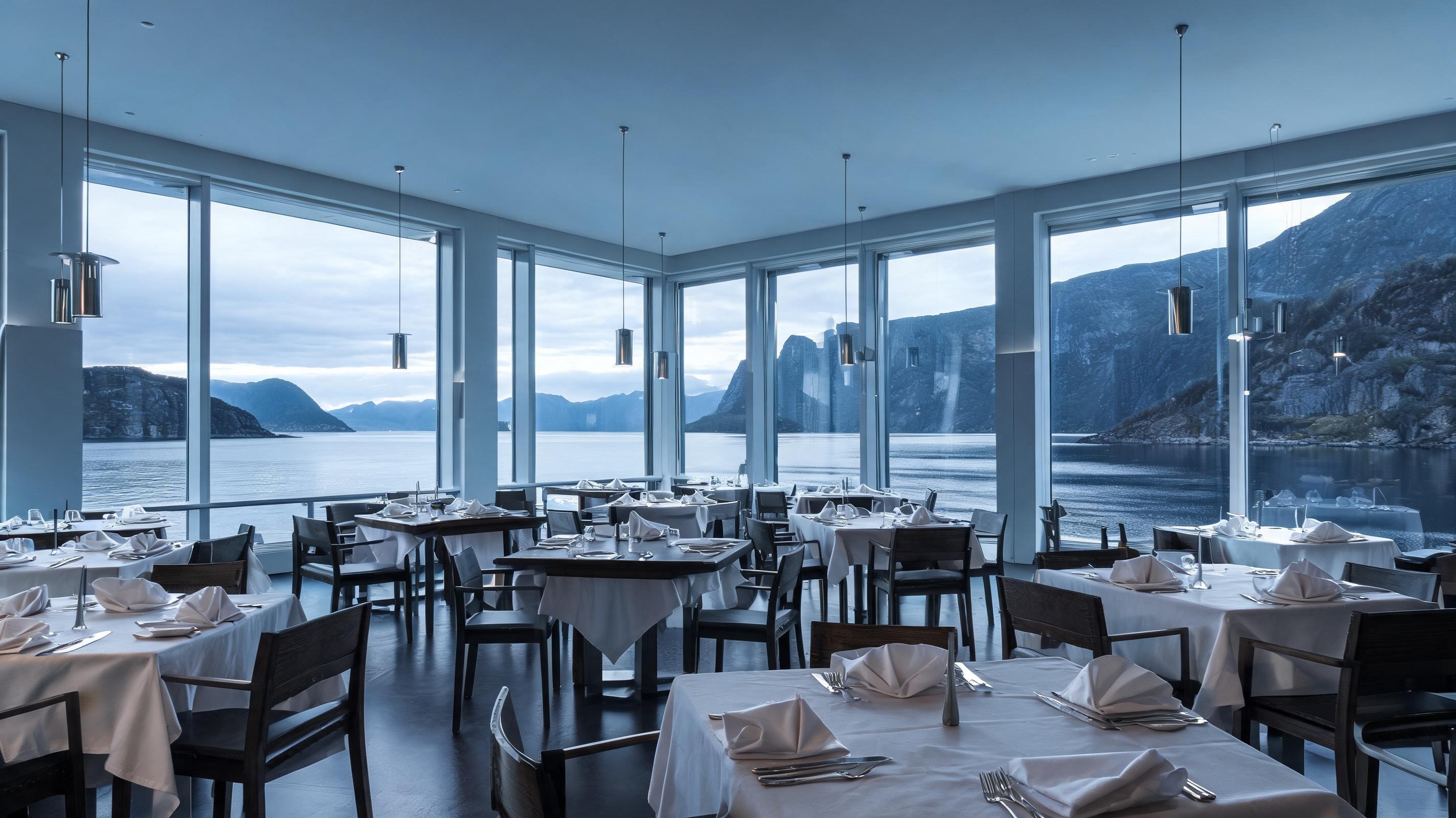 Kjølig opplyst nordisk restaurantinteriør med sølvtoner