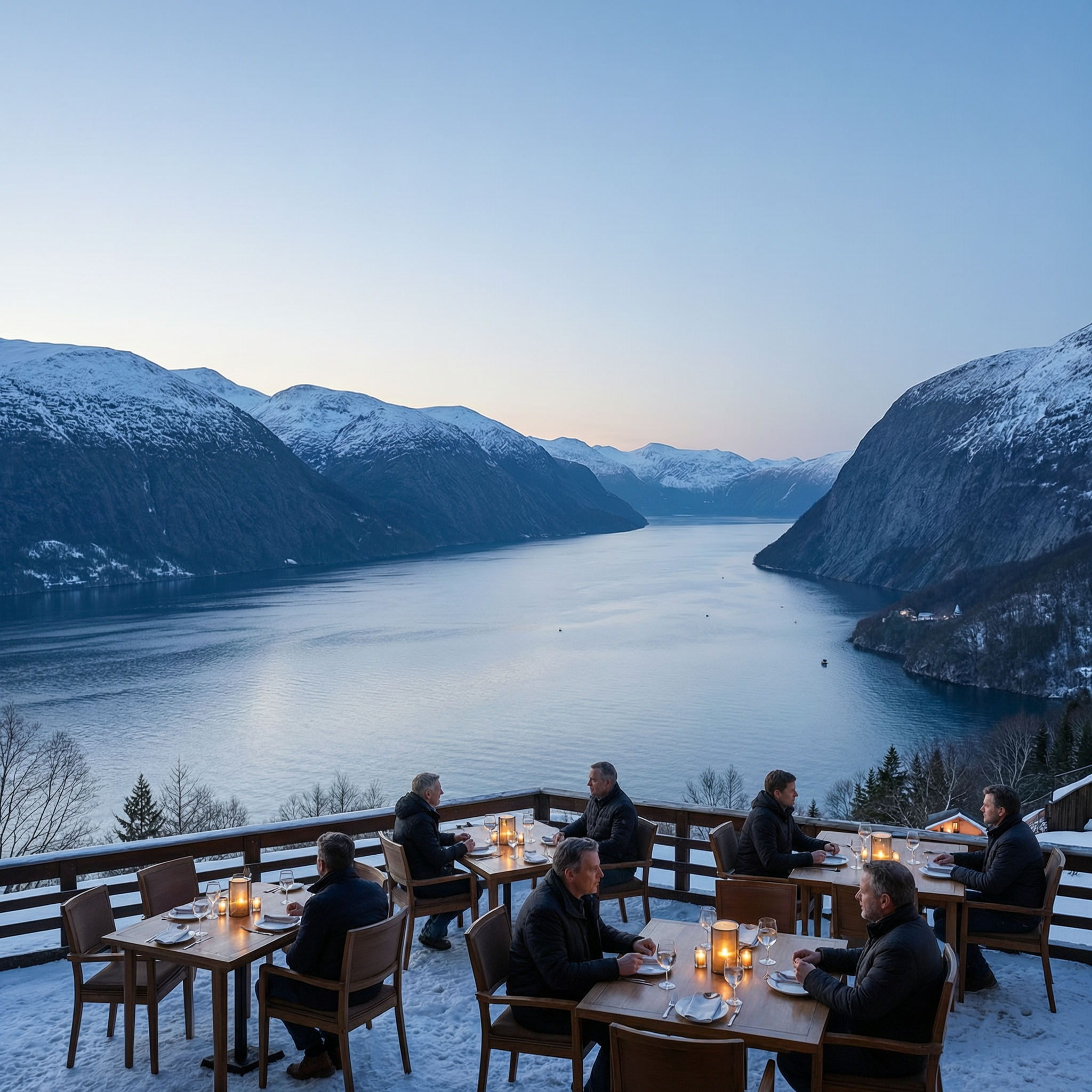 Nordisk kveldsstemning med kjølig blått lys over fjorden