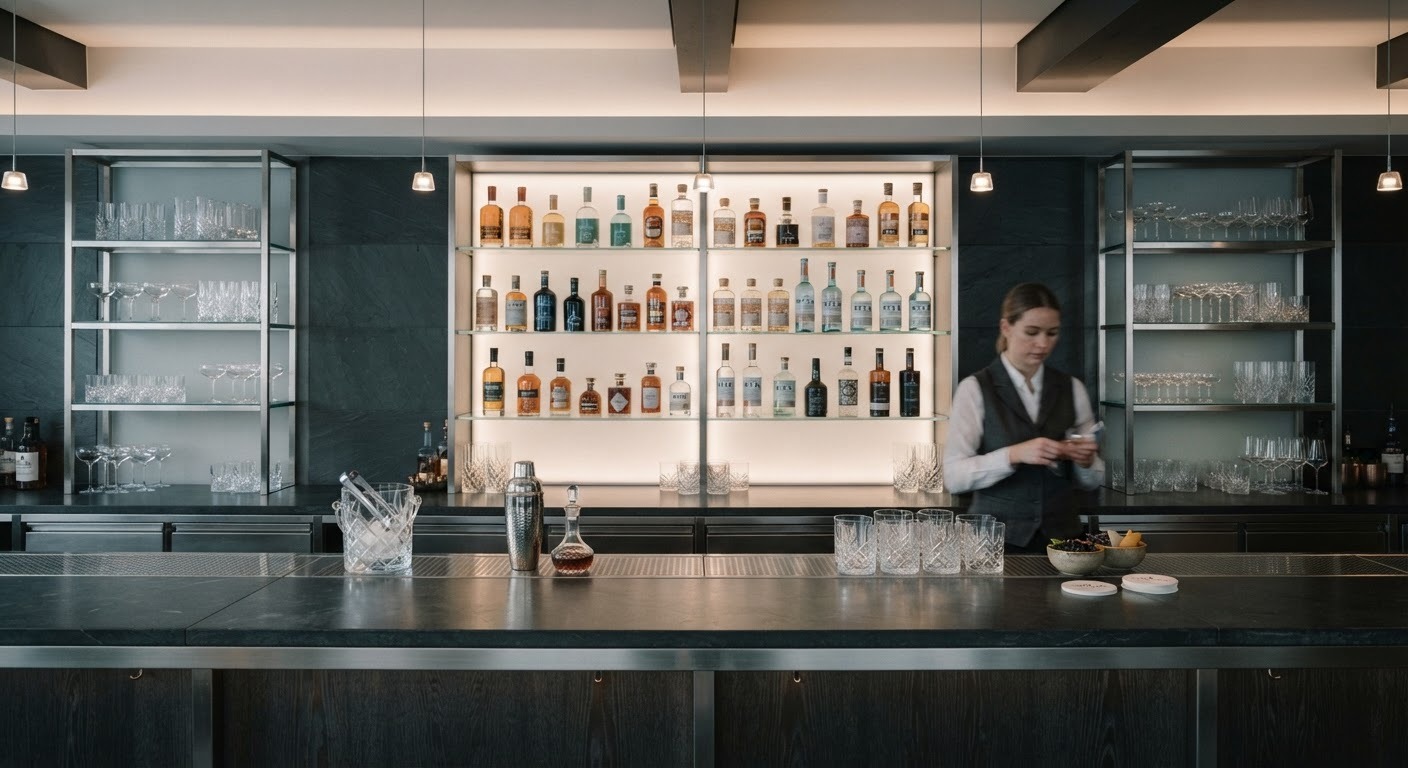 Sølvbar med krystallglass og metalliske detaljer